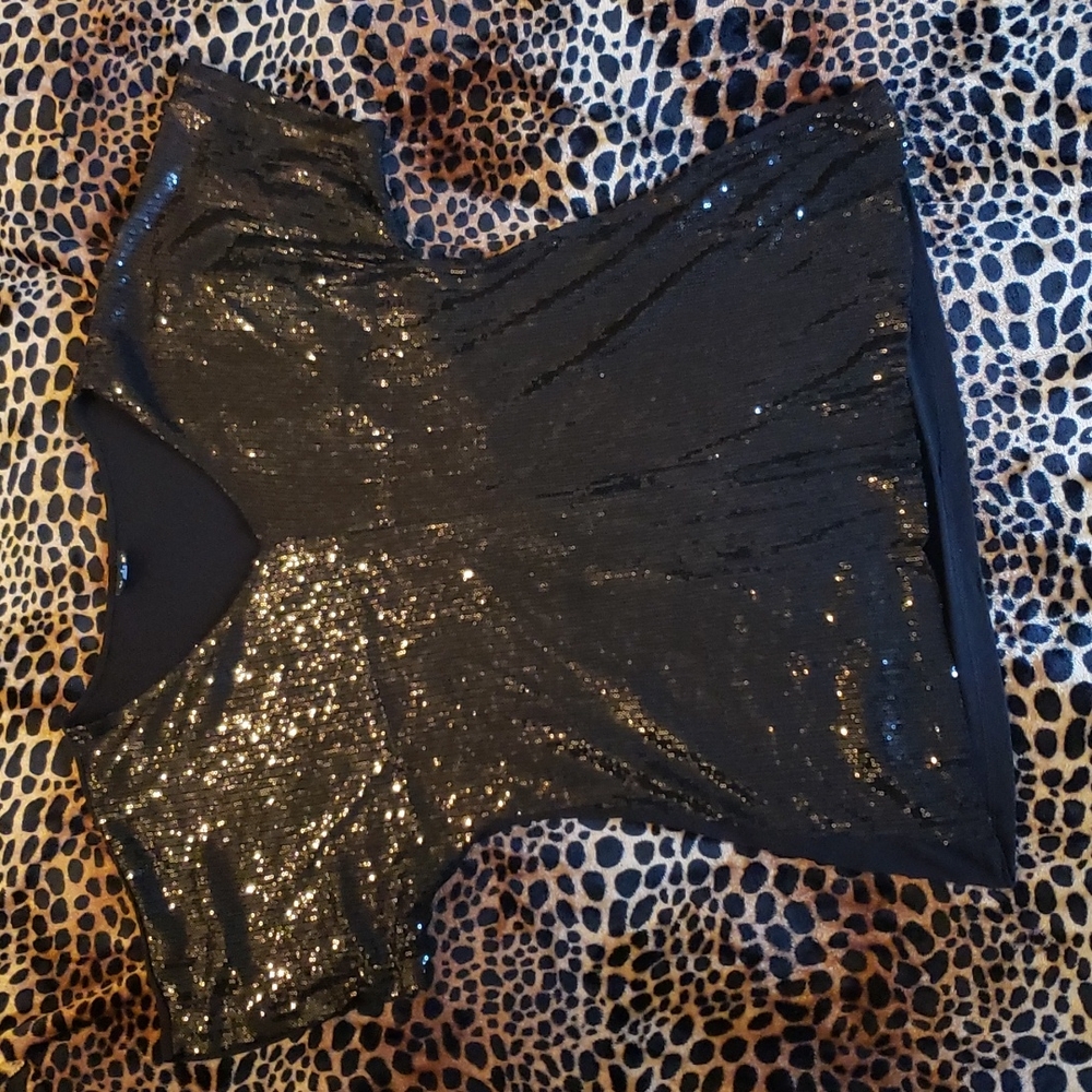 Allen B Black Sheer Sequin Low Cut Top with Cinched Back